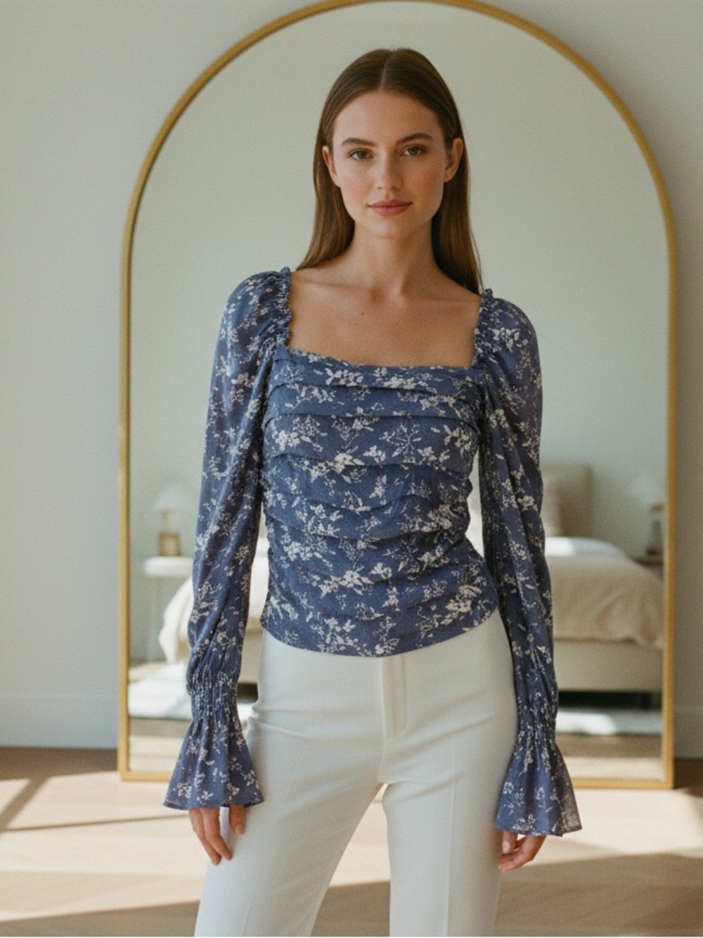 Promesa Blue Floral Ruched Long Sleeve Top With Elastic Back & Square Neckline